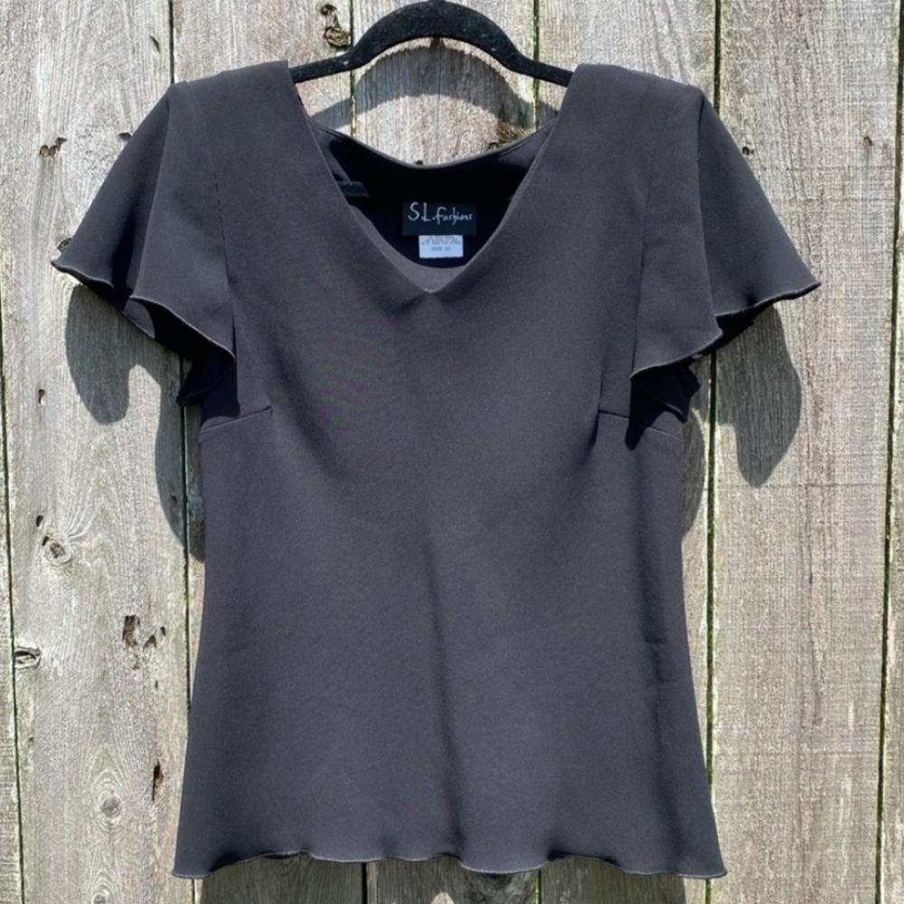Vintage S. L. Fashions Black Flutter Sleeve Blouse White Hem Women's Size 10 EUC